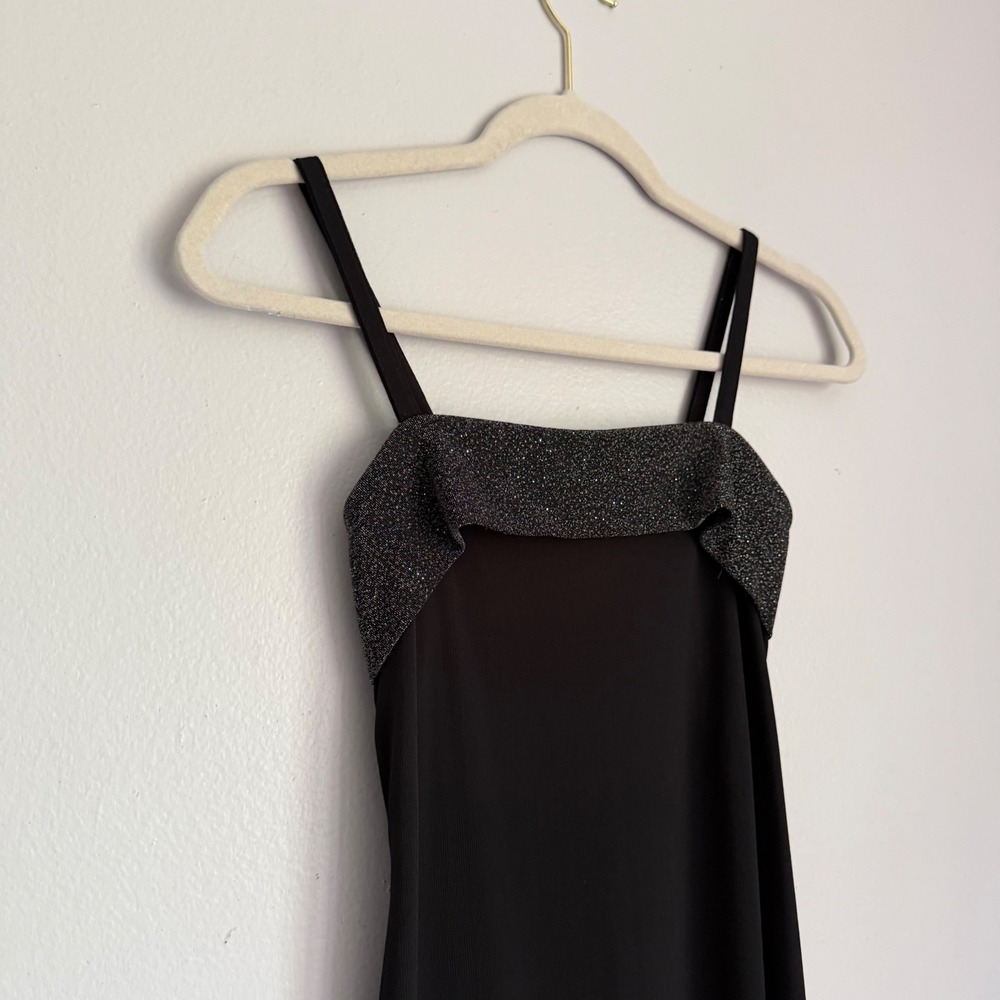 Vintage 90s Black Glitter Trim Maxi Dress Spaghetti Strap Formal Gown Size 3/4 - Picture 2 of 7
